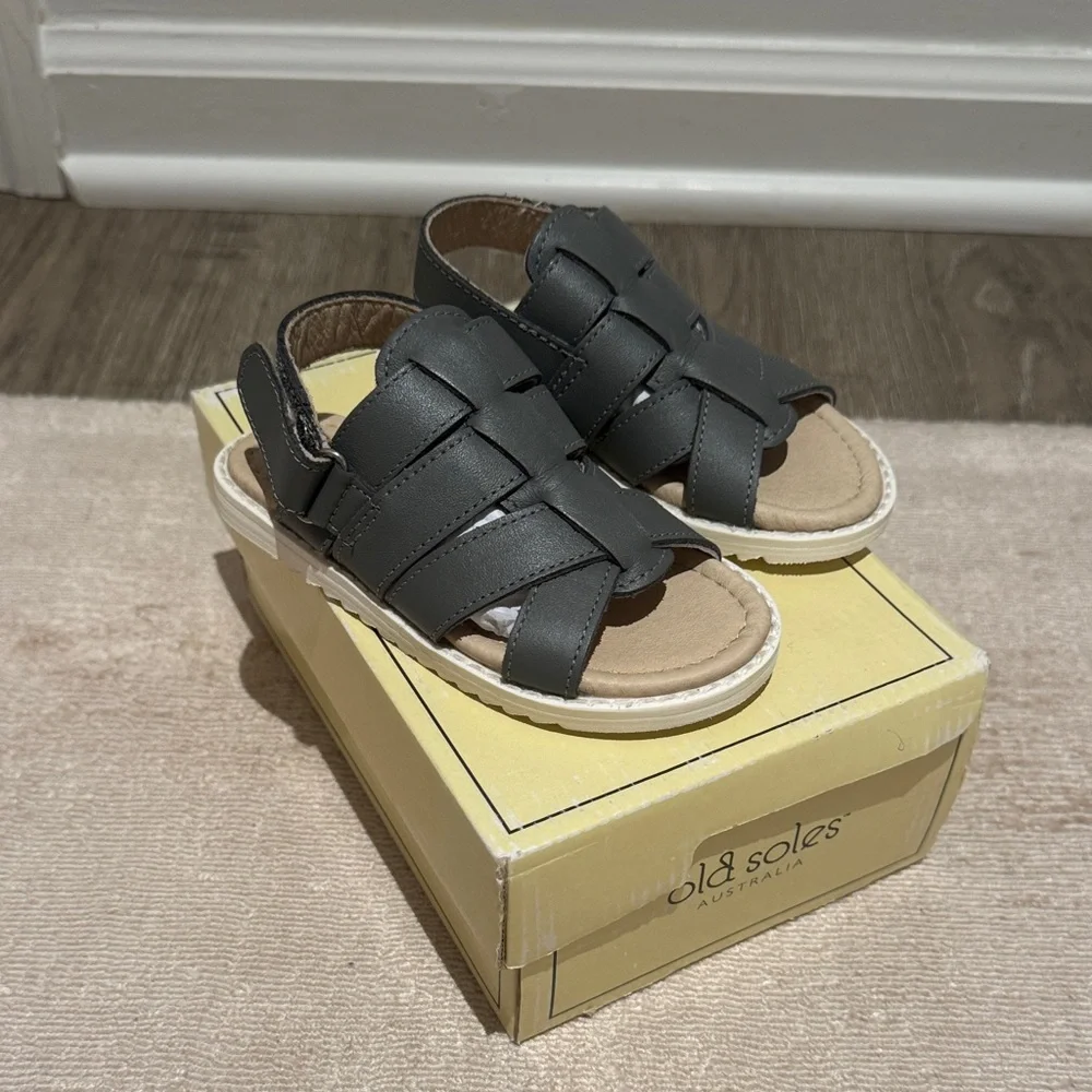 New Old Soles Kids Charcoal Leather Fisherman Sandals
